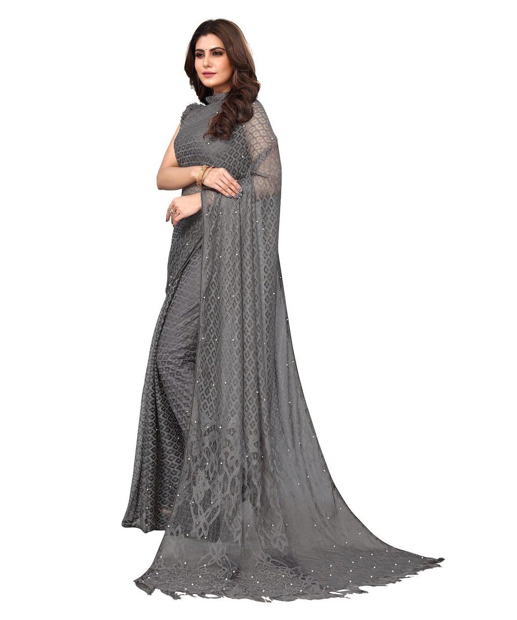 Vamika Net Brasso Grey Light Weight Trendy Look Bollywood Style Saree | Grocsy