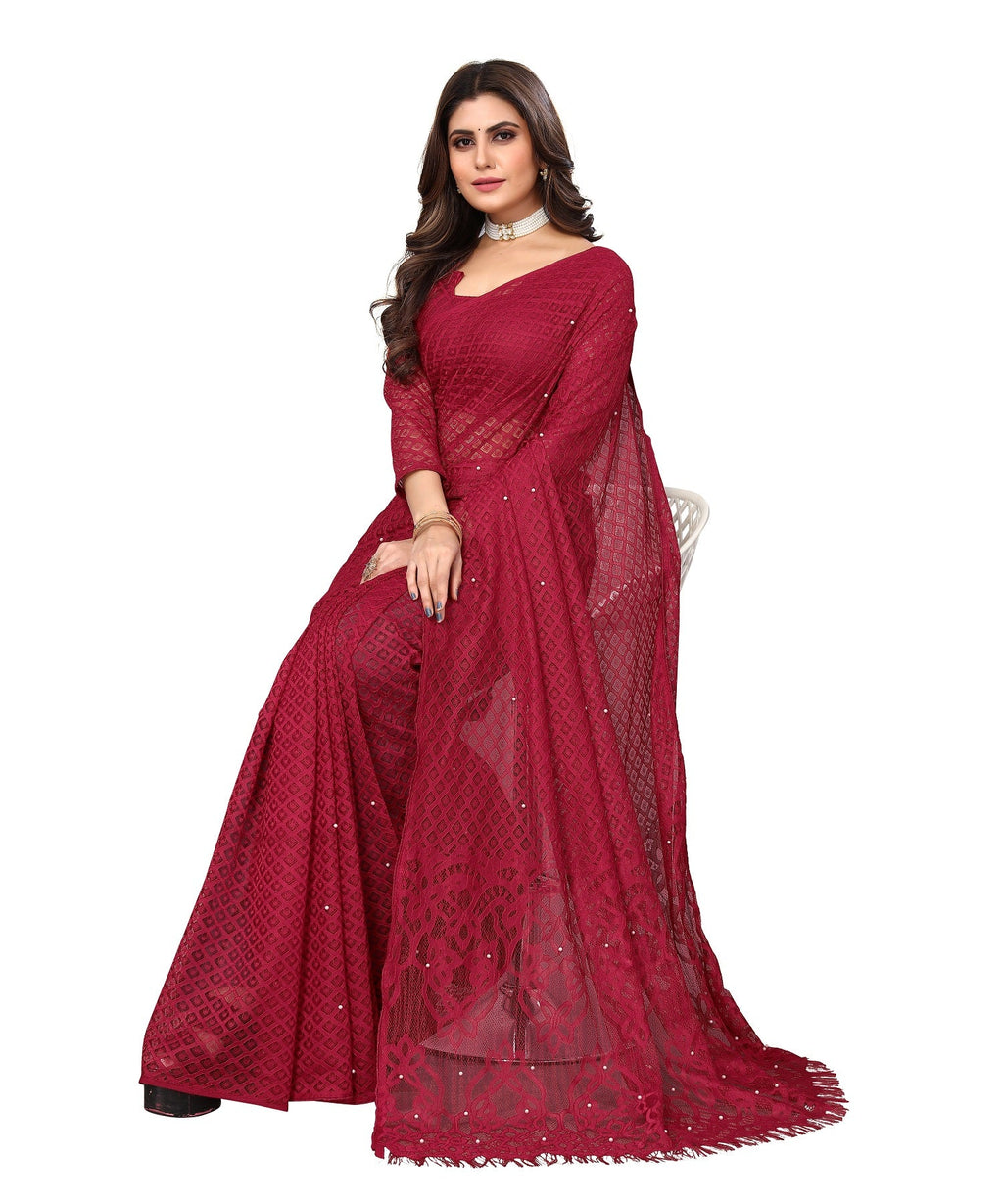 Vamika Net Brasso Maroon Light Weight Trendy Look Bollywood Style Saree | Grocsy