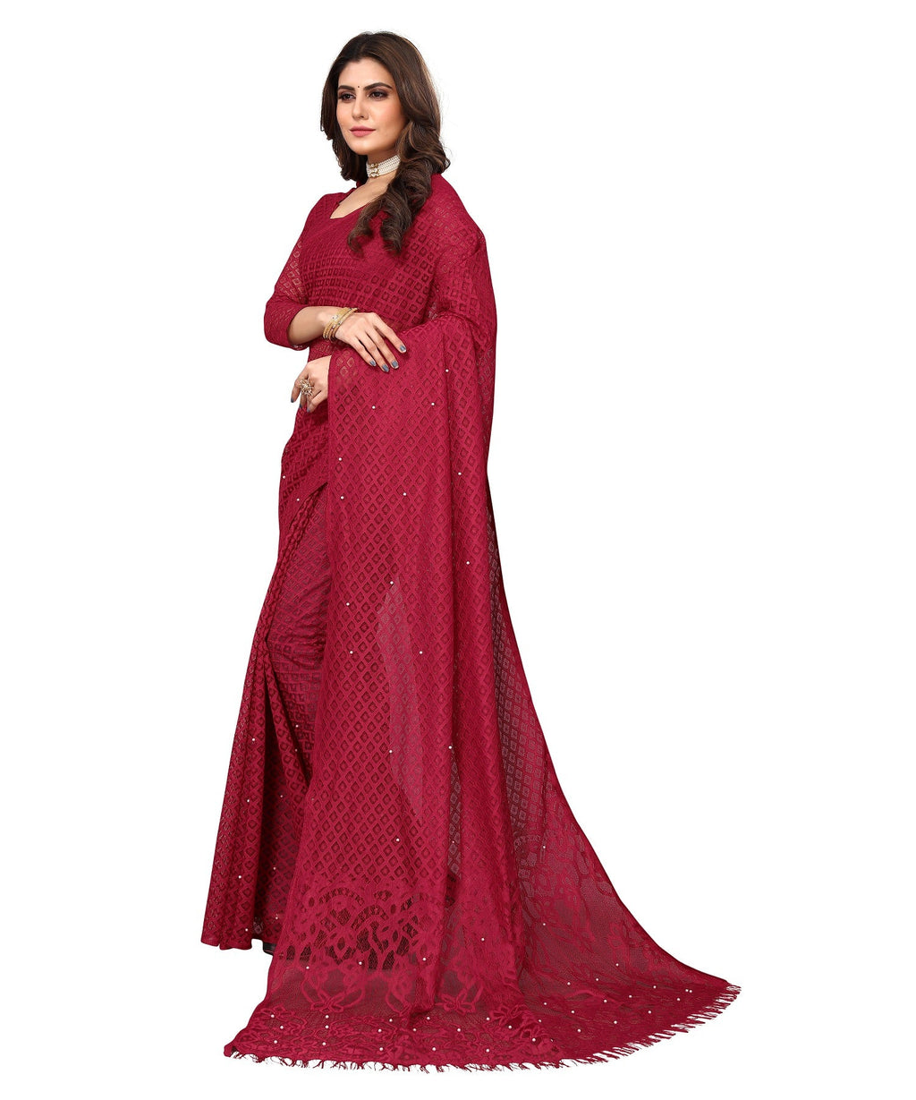Vamika Net Brasso Maroon Light Weight Trendy Look Bollywood Style Saree | Grocsy