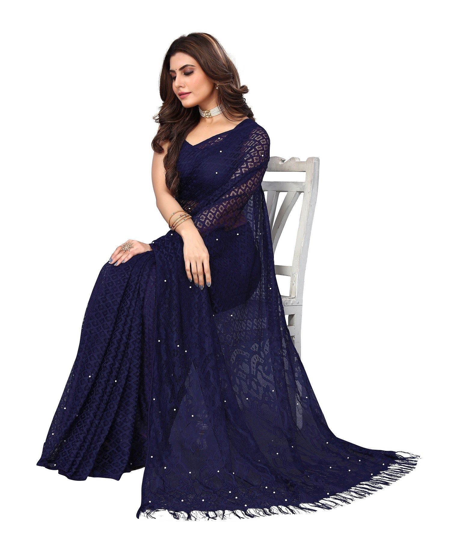 Vamika Net Brasso Navy Light Weight Trendy Look Bollywood Style Saree | Grocsy