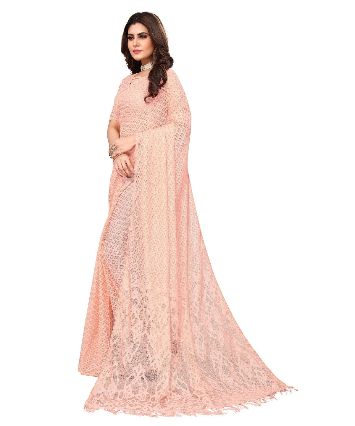 Vamika Net Brasso Peach Light Weight Trendy Look Bollywood Style Saree | Grocsy