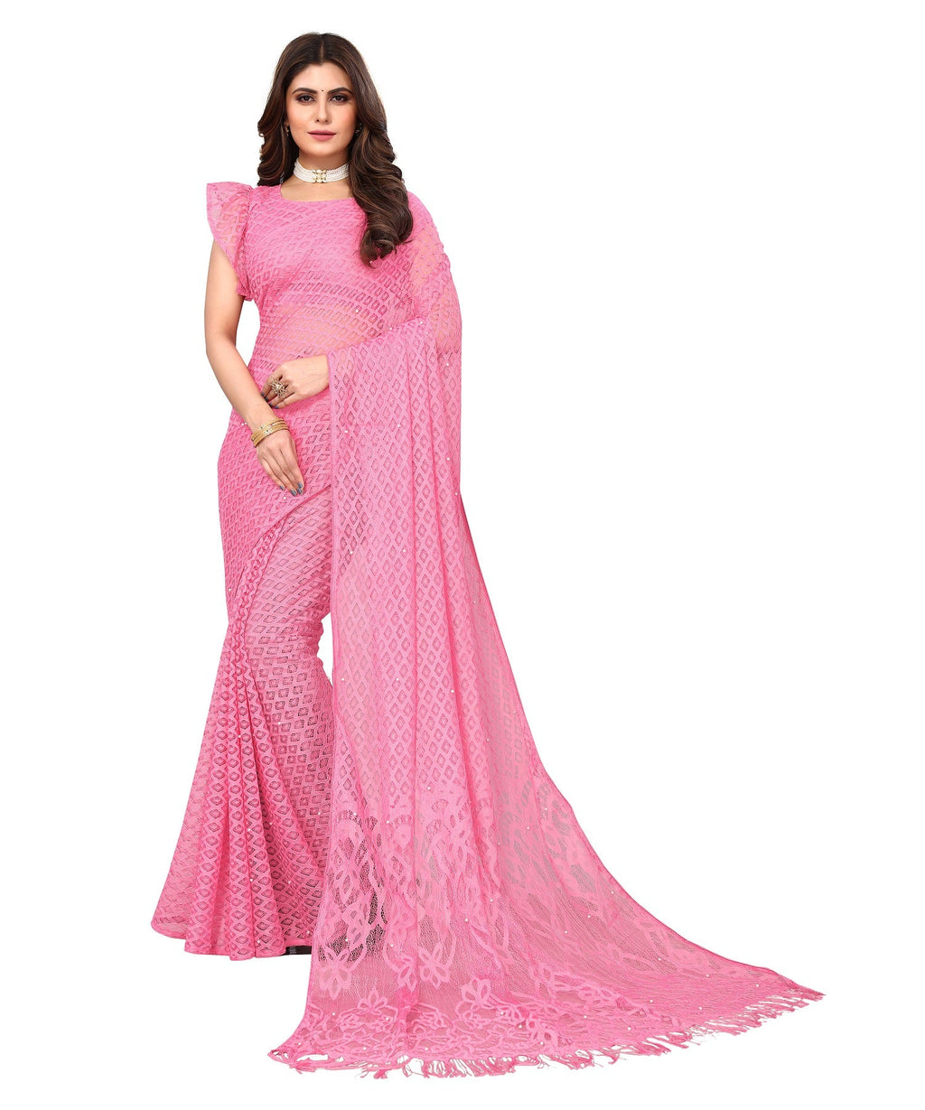 Vamika Net Brasso Pink Light Weight Trendy Look Bollywood Style Saree | Grocsy