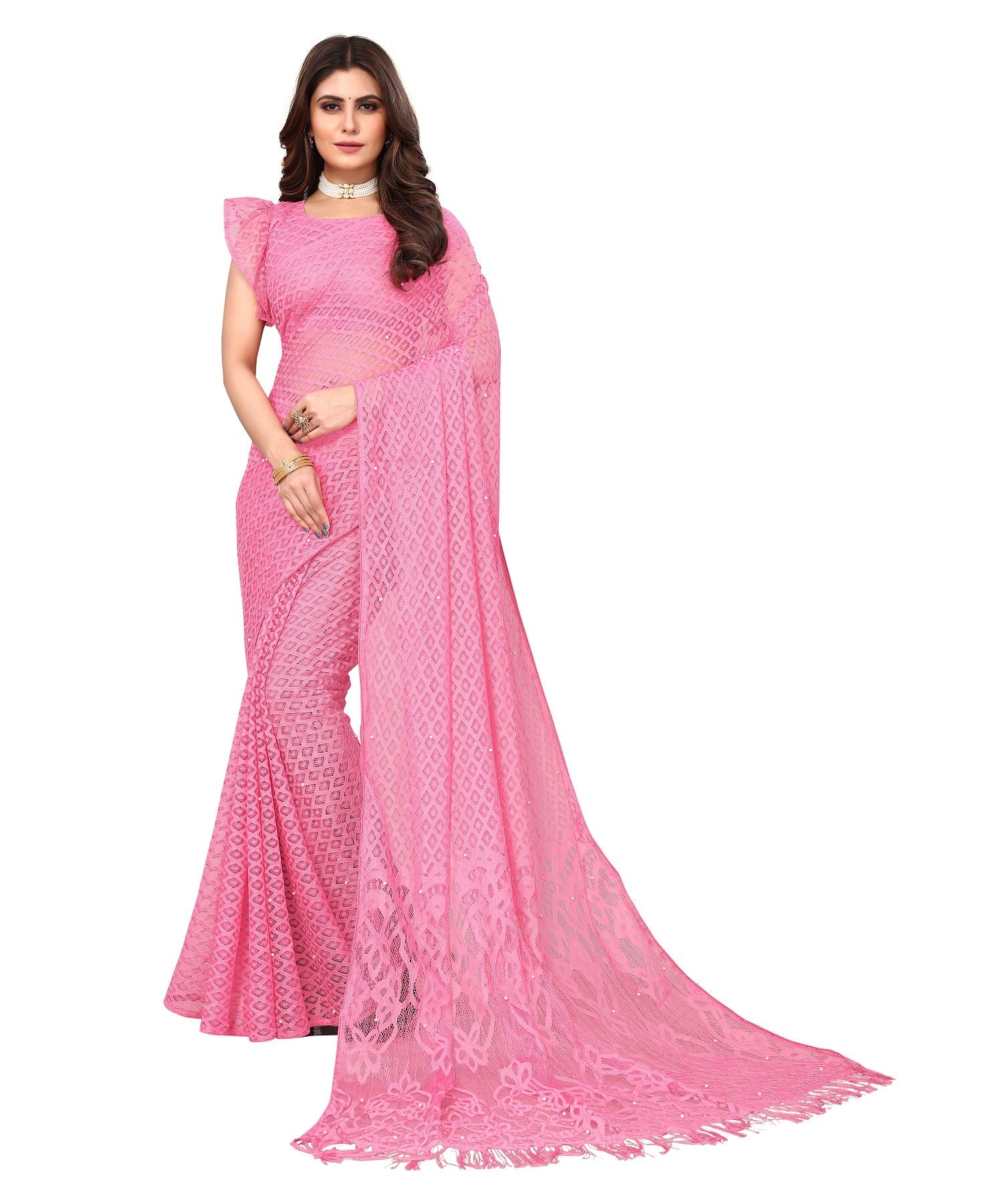 Vamika Net Brasso Pink Light Weight Trendy Look Bollywood Style Saree | Grocsy