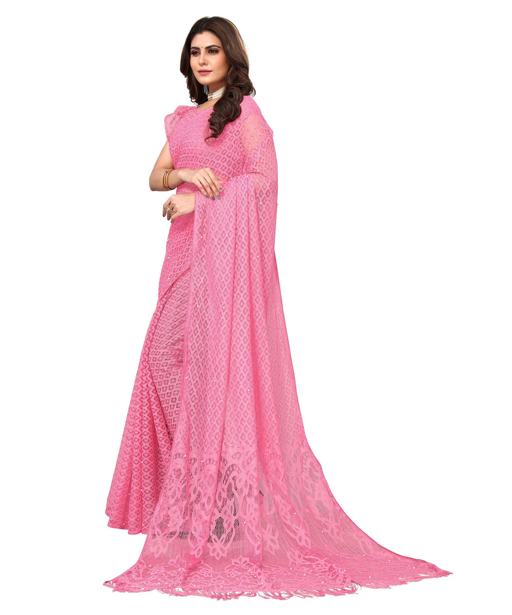 Vamika Net Brasso Pink Light Weight Trendy Look Bollywood Style Saree | Grocsy