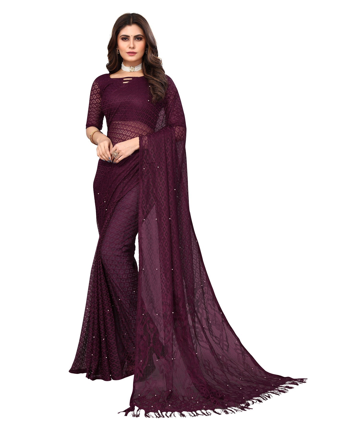 Vamika Net Brasso Purple Light Weight Trendy Look Bollywood Style Saree | Grocsy