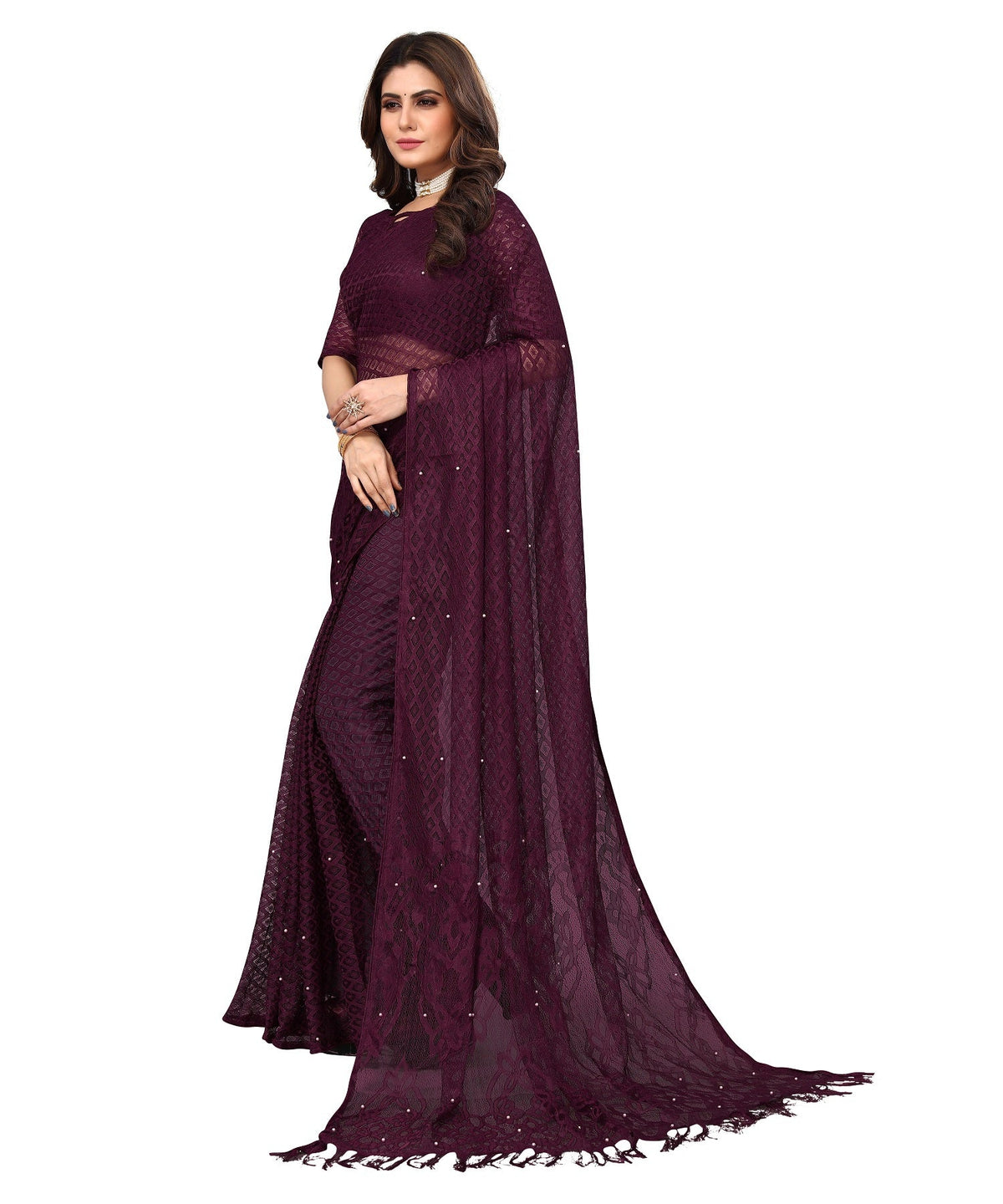 Vamika Net Brasso Purple Light Weight Trendy Look Bollywood Style Saree | Grocsy
