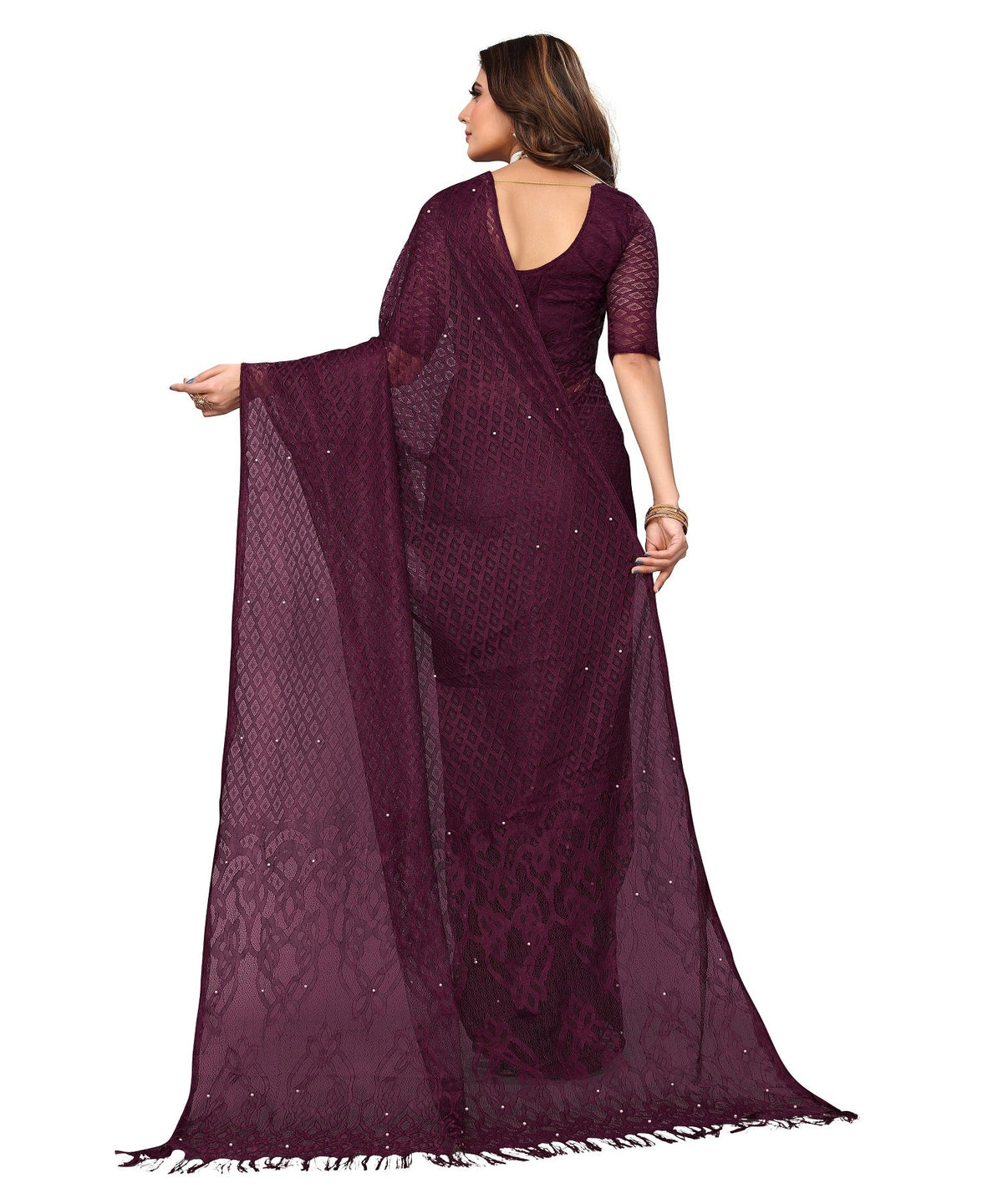 Vamika Net Brasso Purple Light Weight Trendy Look Bollywood Style Saree | Grocsy