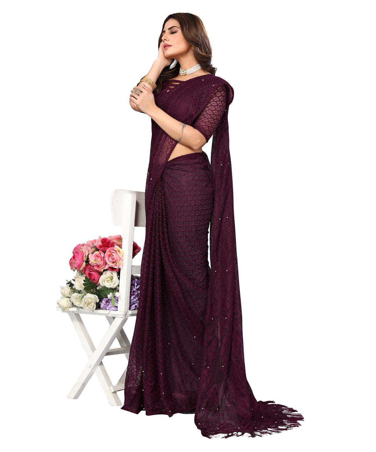 Vamika Net Brasso Purple Light Weight Trendy Look Bollywood Style Saree | Grocsy