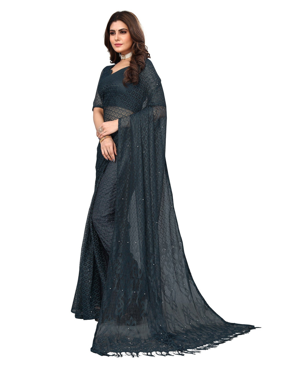 Vamika Net Brasso Rama Green Light Weight Trendy Look Bollywood Style Saree | Grocsy