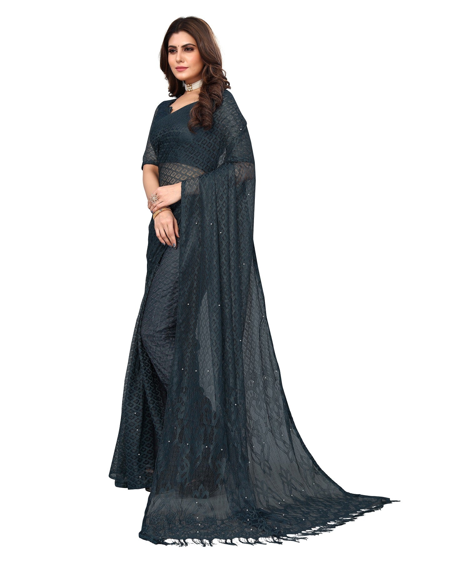 Vamika Net Brasso Rama Green Light Weight Trendy Look Bollywood Style Saree | Grocsy