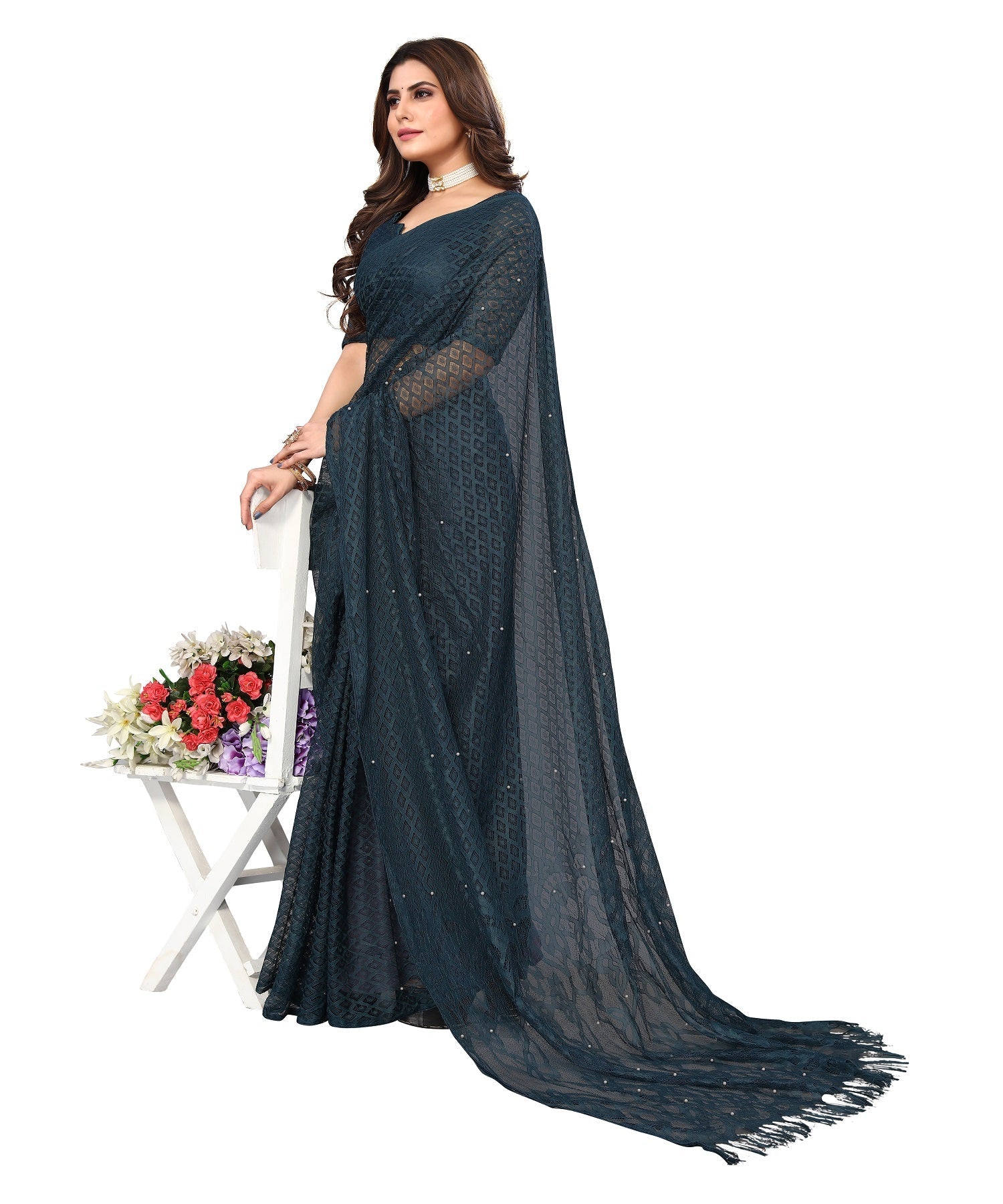Vamika Net Brasso Rama Green Light Weight Trendy Look Bollywood Style Saree | Grocsy