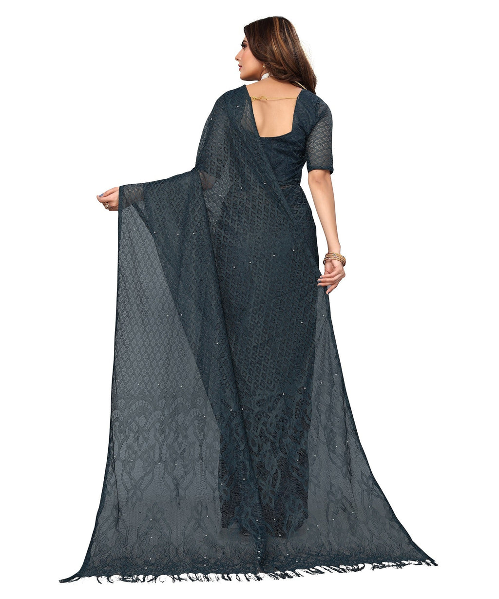 Vamika Net Brasso Rama Green Light Weight Trendy Look Bollywood Style Saree | Grocsy