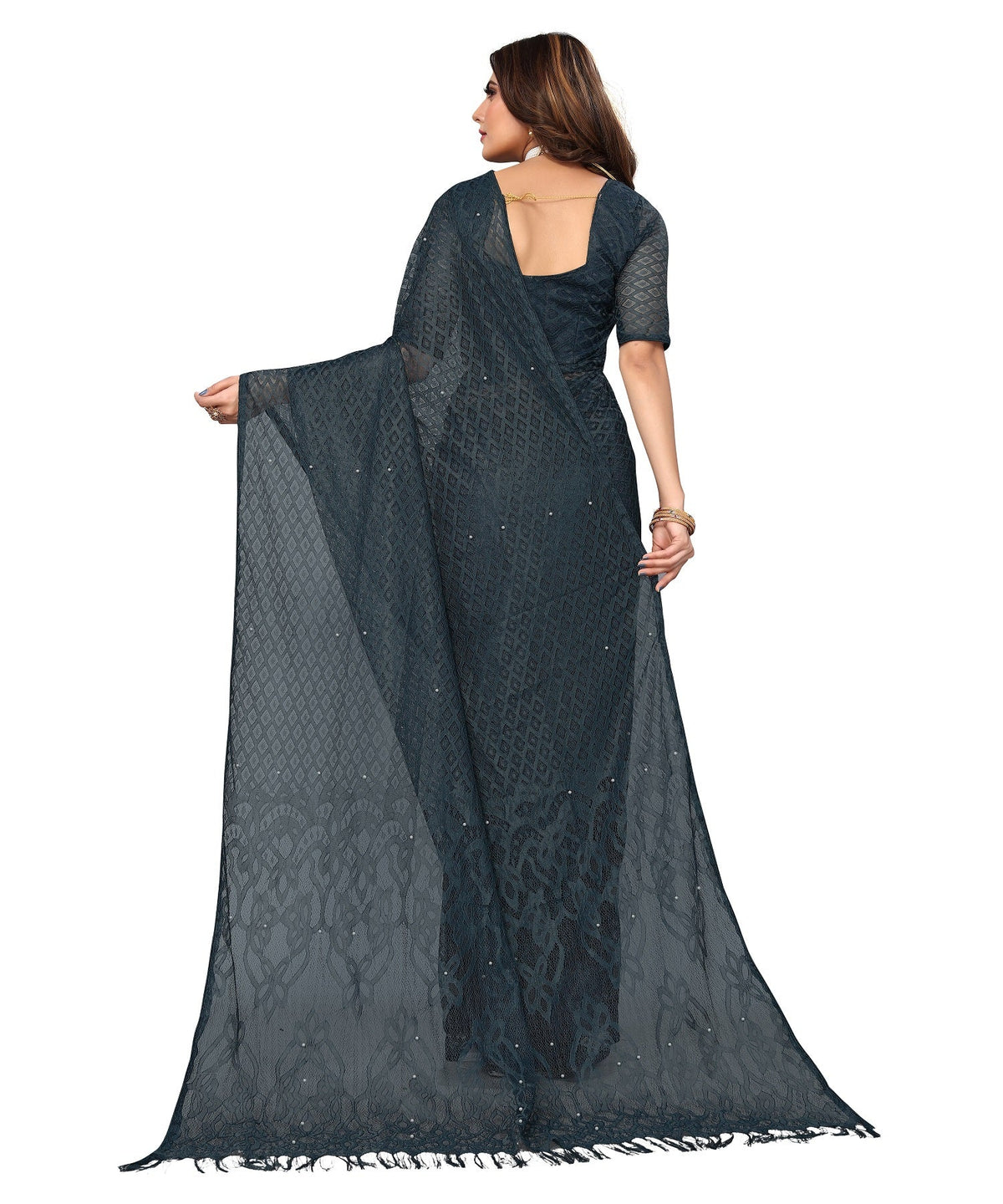 Vamika Net Brasso Rama Green Light Weight Trendy Look Bollywood Style Saree | Grocsy