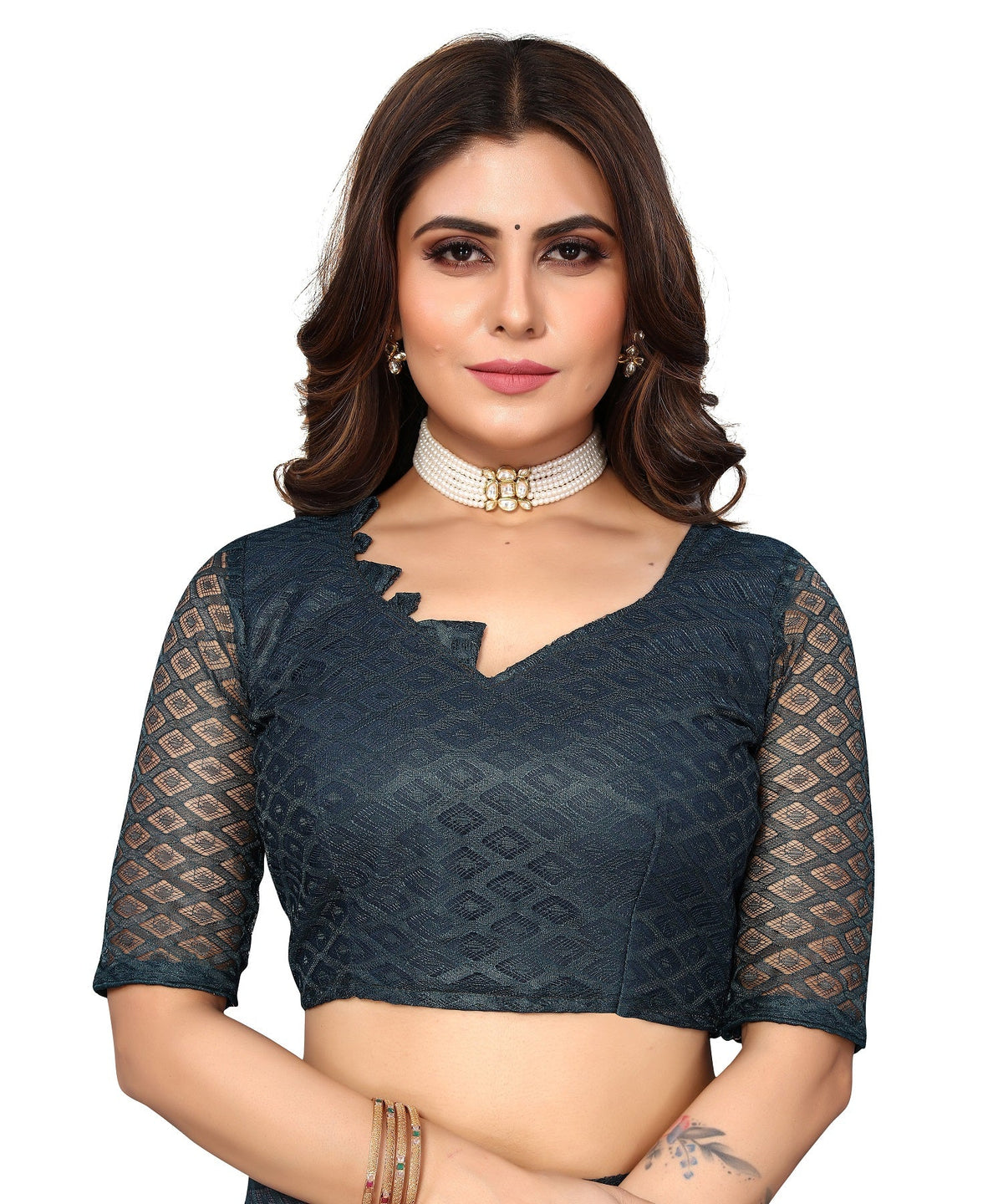 Vamika Net Brasso Rama Green Light Weight Trendy Look Bollywood Style Saree | Grocsy