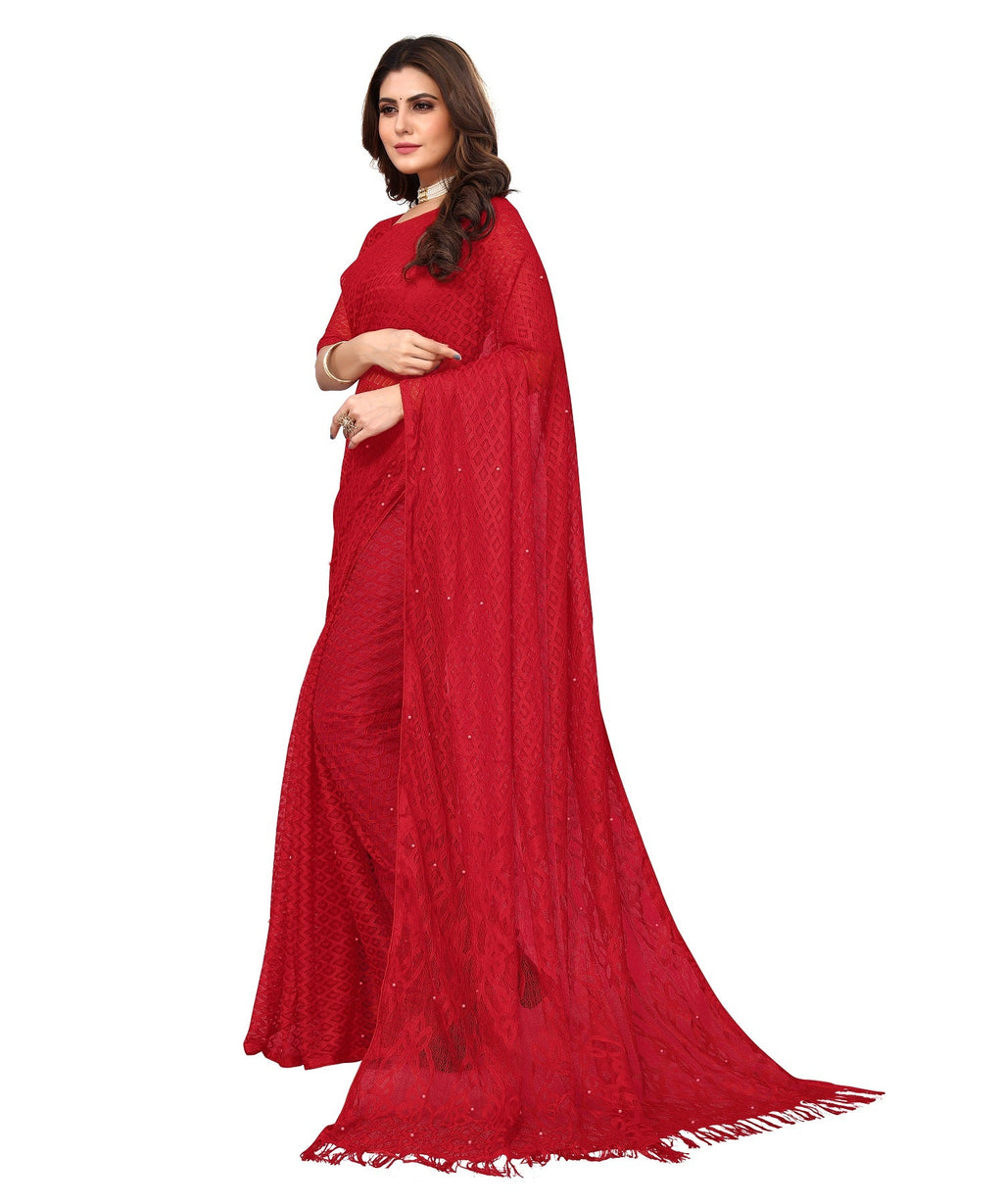 Vamika Net Brasso Red Light Weight Trendy Look Bollywood Style Saree | Grocsy