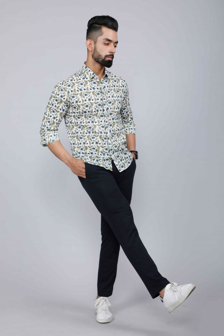 Miravan Men's White & Blue Floral Print Cotton Regular Fit Shirt | Grocsy