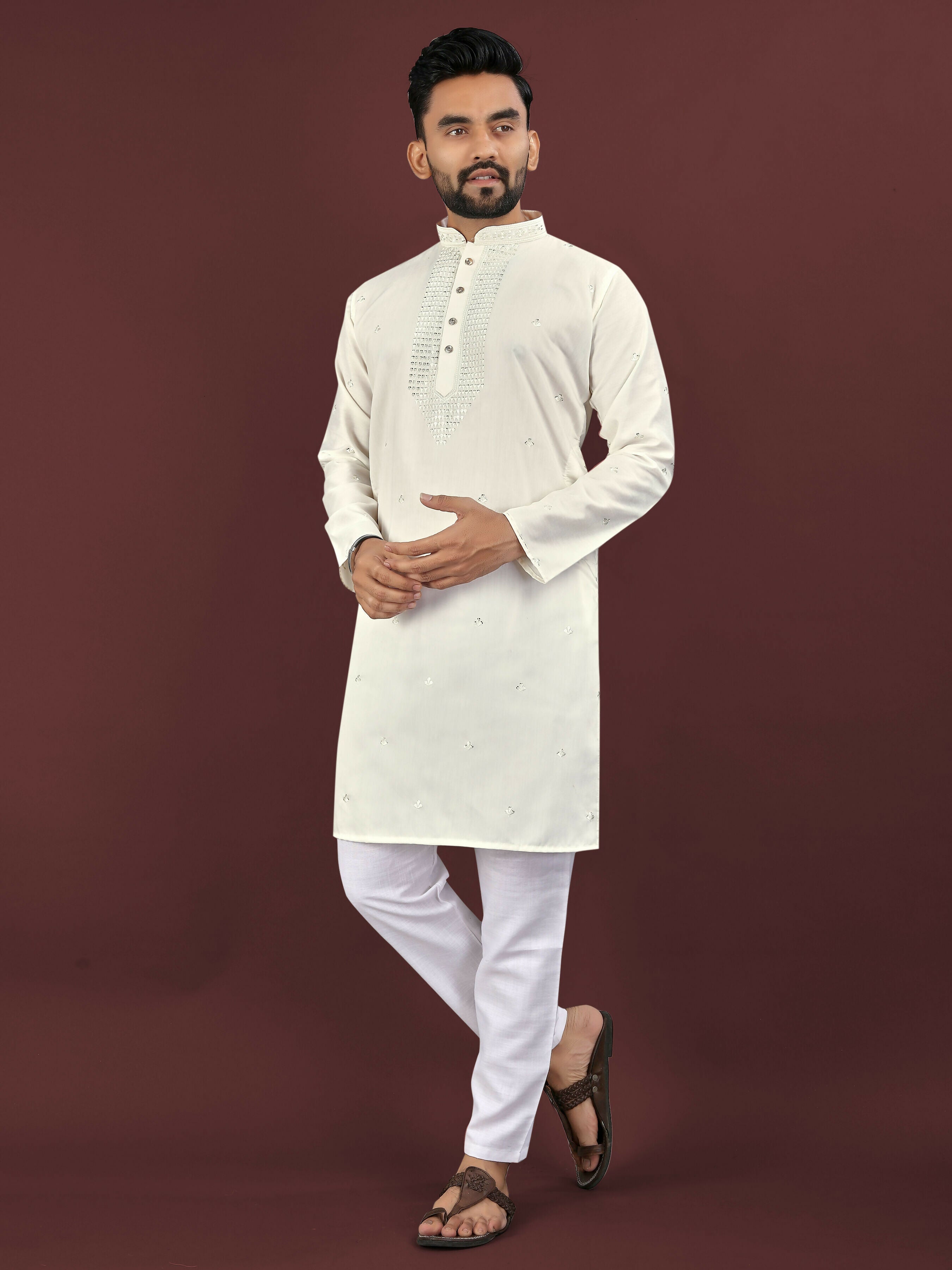 Anaita Beige Embroidered Silk Straight Kurta | Grocsy