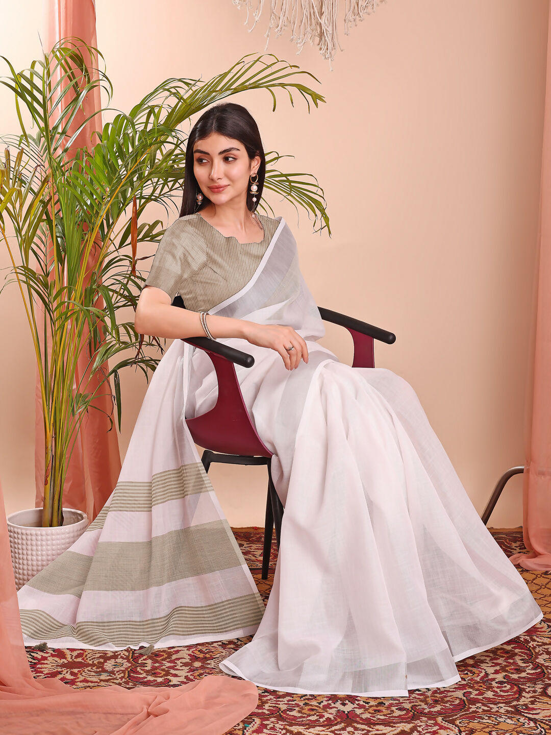 Shree Shyam Fashion The White Loom White Linen Cotton Saree | Grocsy