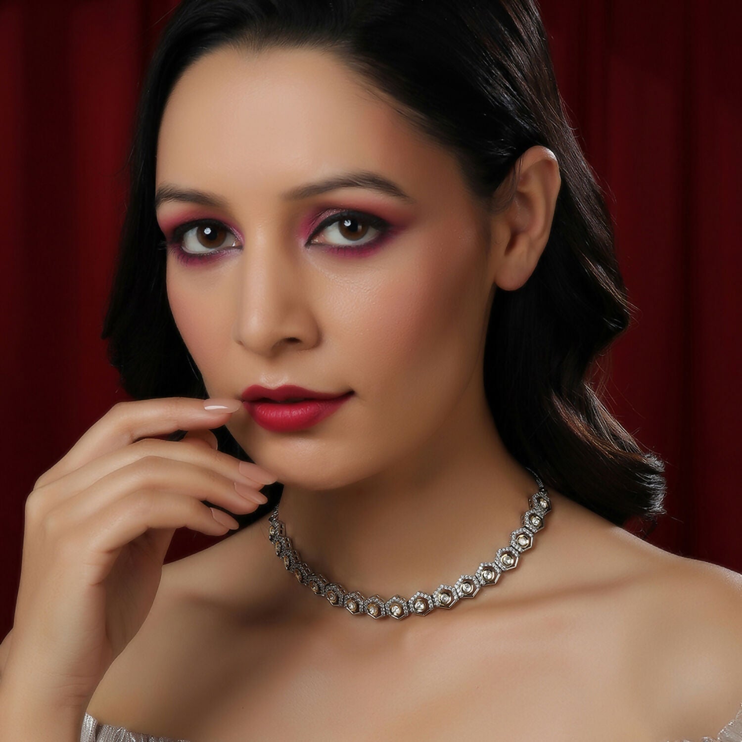 Dual Tone Gold and Silver Choker with American Diamonds and Kundan (Silver) - Ruby Raang | Grocsy