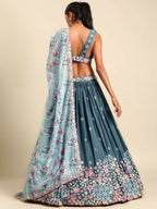 House of Panchhi Teal Blue Chinon Sequins embroidery Lehenga choli & Dupatta | Grocsy