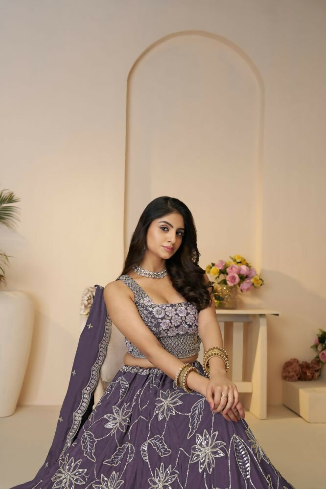 Kesar Fab Purple Silk Embroidered Lehenga | Grocsy
