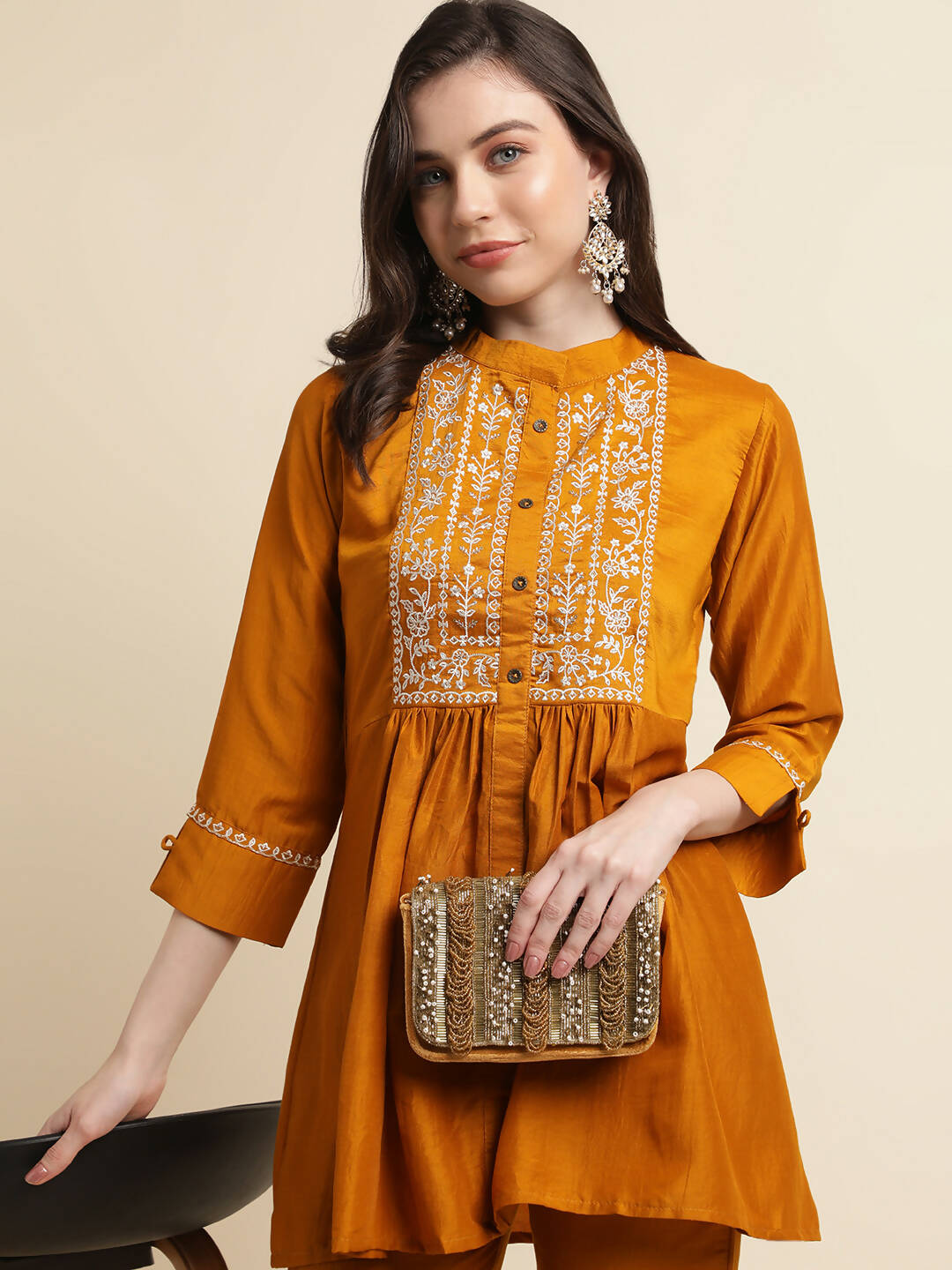 Mustard Chinon Floral Embroidered Top with Bottom - Maanushi | Grocsy