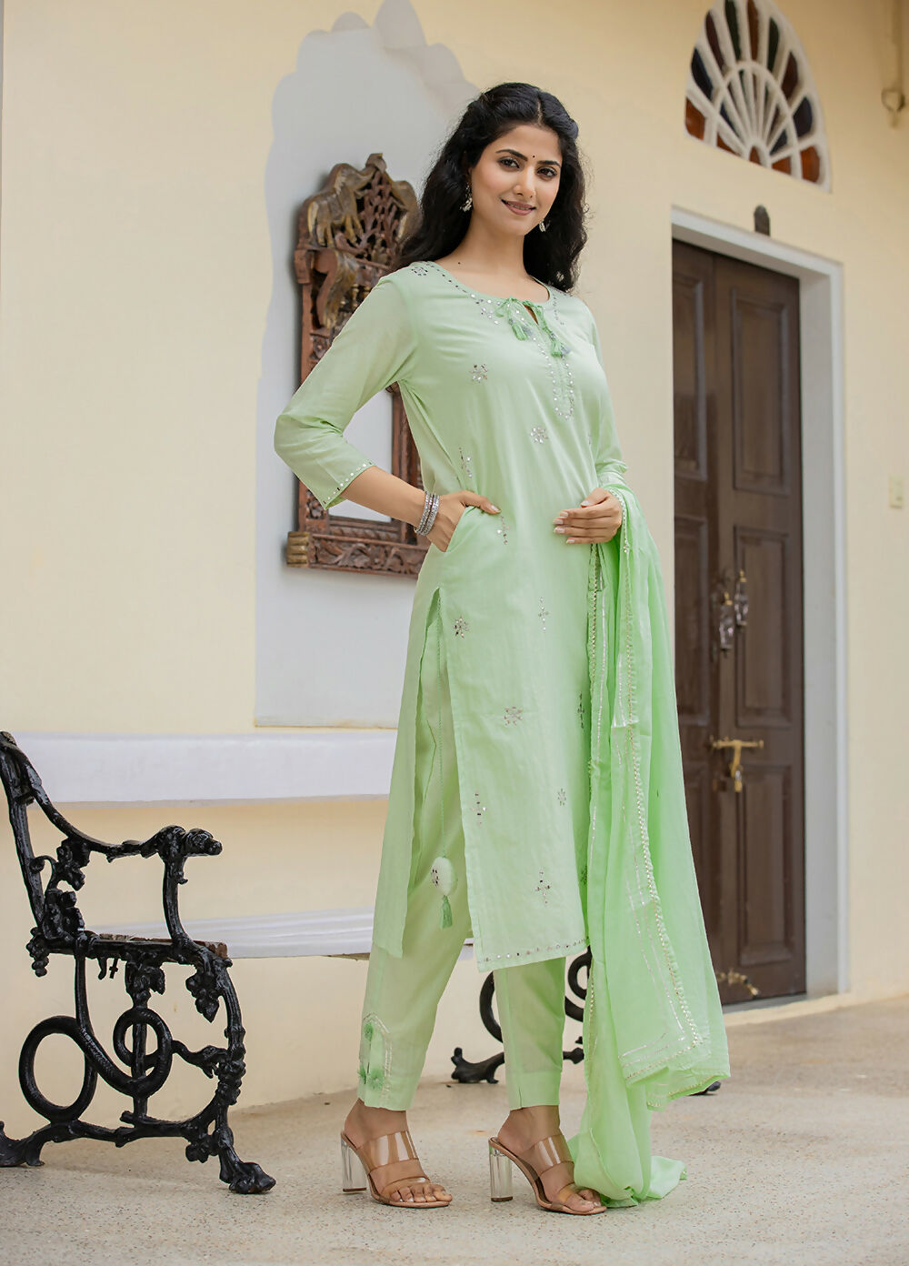 Kaajh Women's Green Mirror Embellished Cotton Suit Set | Grocsy