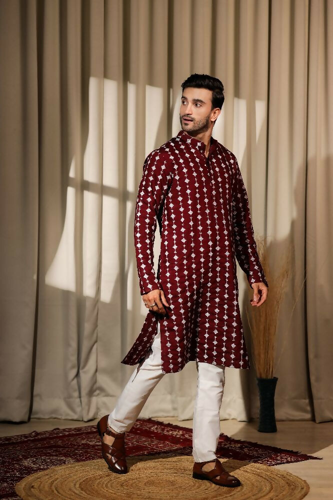 Maroon Viscose Designer Embroidery Work Kurta Set - Mahotsav | Grocsy