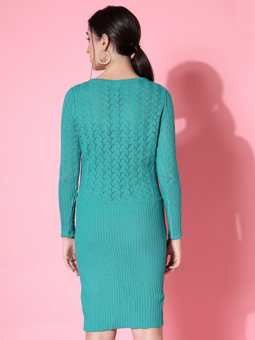 Women Green Acrylic Self Design Winter Dress - Wool Trees | Grocsy