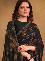 Black Zari Jacquard Print Designer Saree with Unstitched Blouse - Norita Mahitha | Grocsy