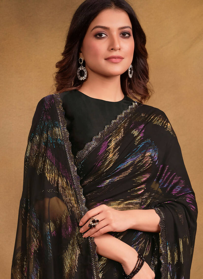 Black Zari Jacquard Print Designer Saree with Unstitched Blouse - Norita Mahitha | Grocsy