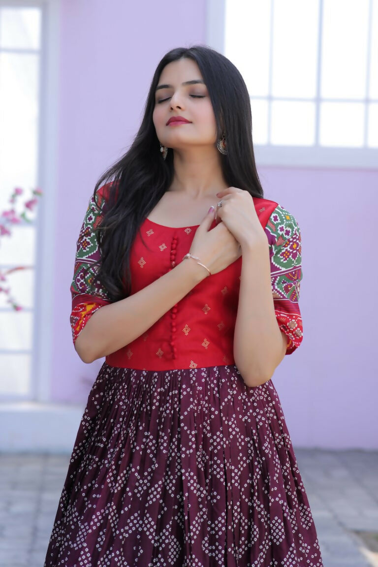 Jyoti Fashion Women's Wine Patola with Foil Print Dola Silk Anarkali Dress | Grocsy