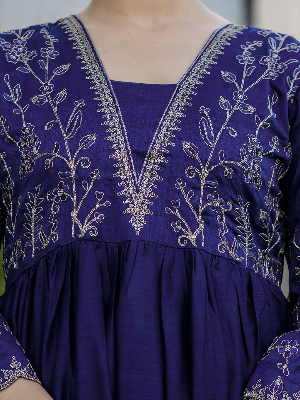 The52 Blue Women's Beautiful Embroidered Vichitra Silk Fabric with Flared Kurta, Pant and Dupatta Set | Grocsy