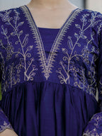 The52 Blue Women's Beautiful Embroidered Vichitra Silk Fabric with Flared Kurta, Pant and Dupatta Set | Grocsy