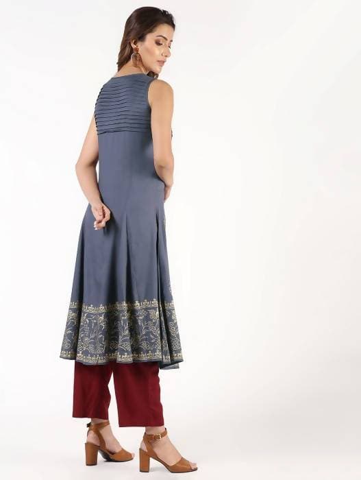 Aniyah Rayon Block Print Flared Grey Kurta (AN-150K) | Grocsy