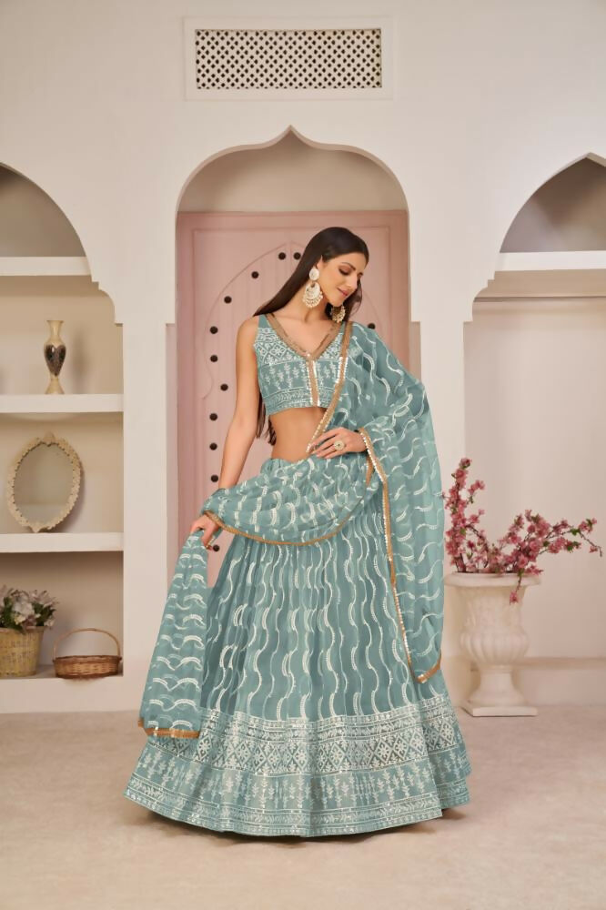 Aastha Fashion Ocean Blue Butterfly Net White Cotton Thread Work, Zari Work And Sandwich Sequence Work Embroidery Wedding Wear Lehenga Choli | Grocsy