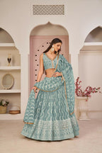Aastha Fashion Ocean Blue Butterfly Net White Cotton Thread Work, Zari Work And Sandwich Sequence Work Embroidery Wedding Wear Lehenga Choli | Grocsy