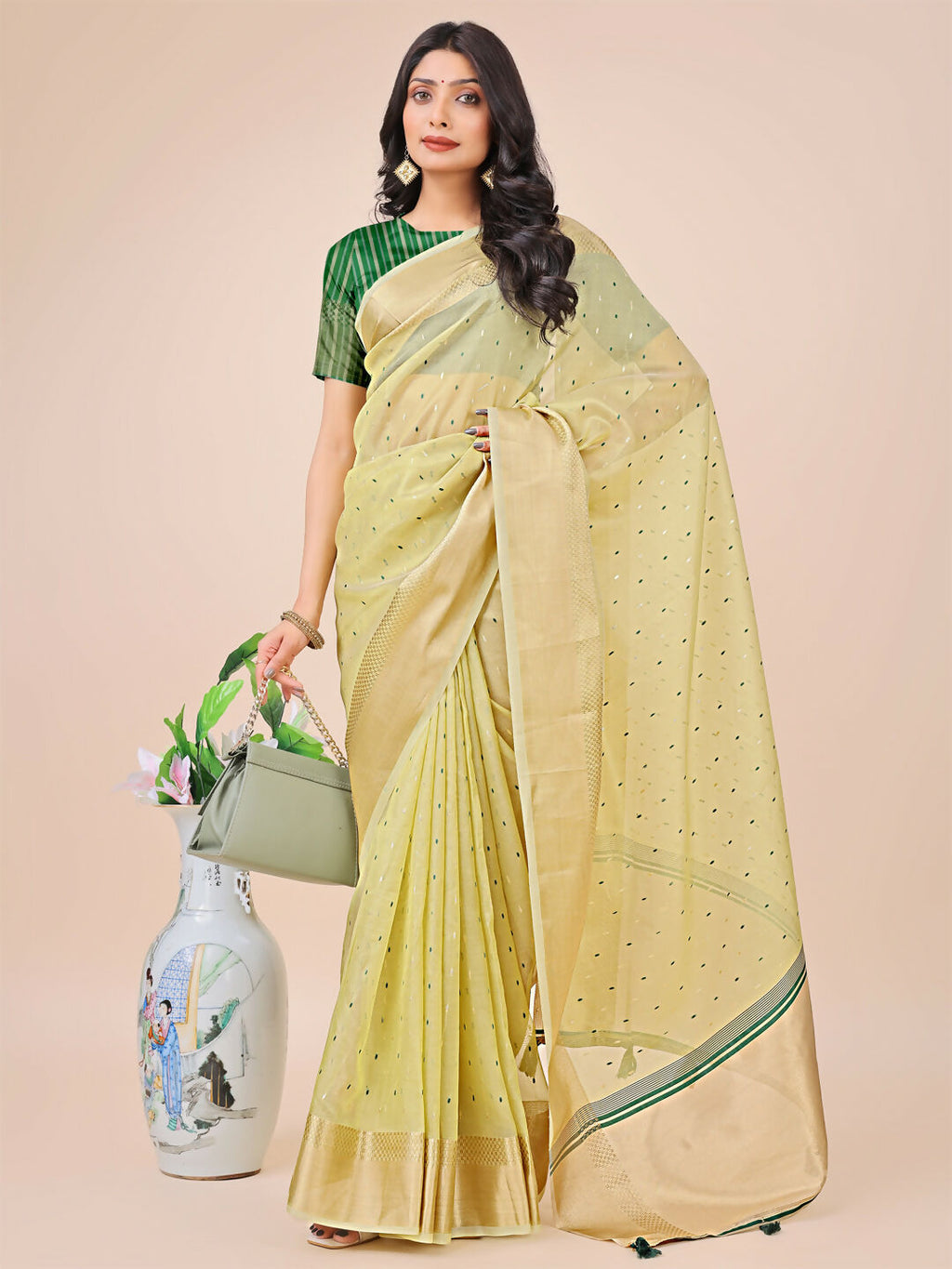 Shree Shyam Fashion Florance Light Green Organza Saree | Grocsy