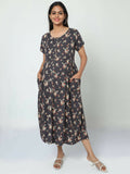 Manet Short Sleeves Maternity Dress Floral Print With Concealed Zipper Nursing Access - Navy Blue | Grocsy