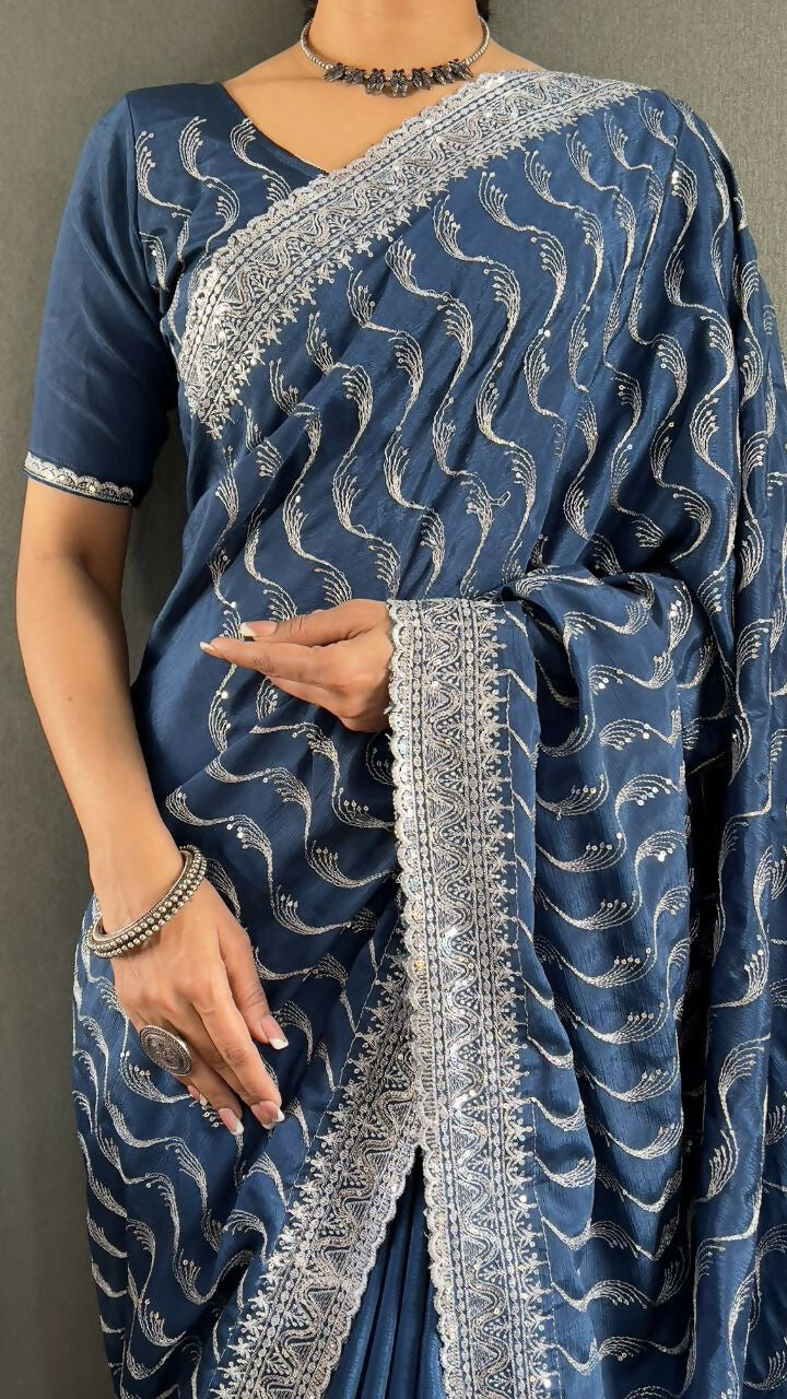 Vastranavya Sea Blue Chinnon Silk Embroidery Multi Sequence & Arco Cut Work Ready to Wear Saree | Grocsy