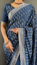 Vastranavya Sea Blue Chinnon Silk Embroidery Multi Sequence & Arco Cut Work Ready to Wear Saree | Grocsy