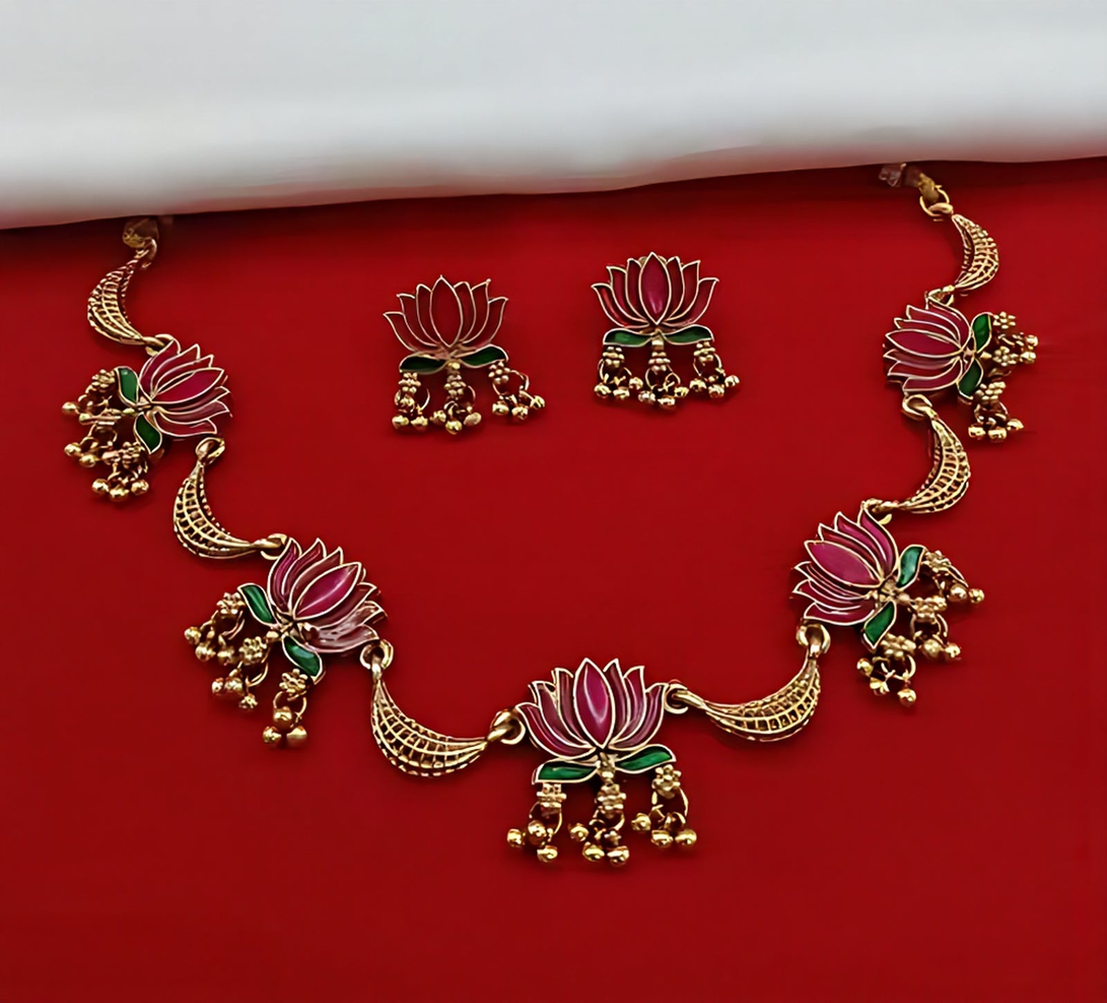 Jewel City Lotus Design Gold-Plated Traditional Necklace Set for Women & Girls – Ethnic Enamel Choker with Earrings | Grocsy