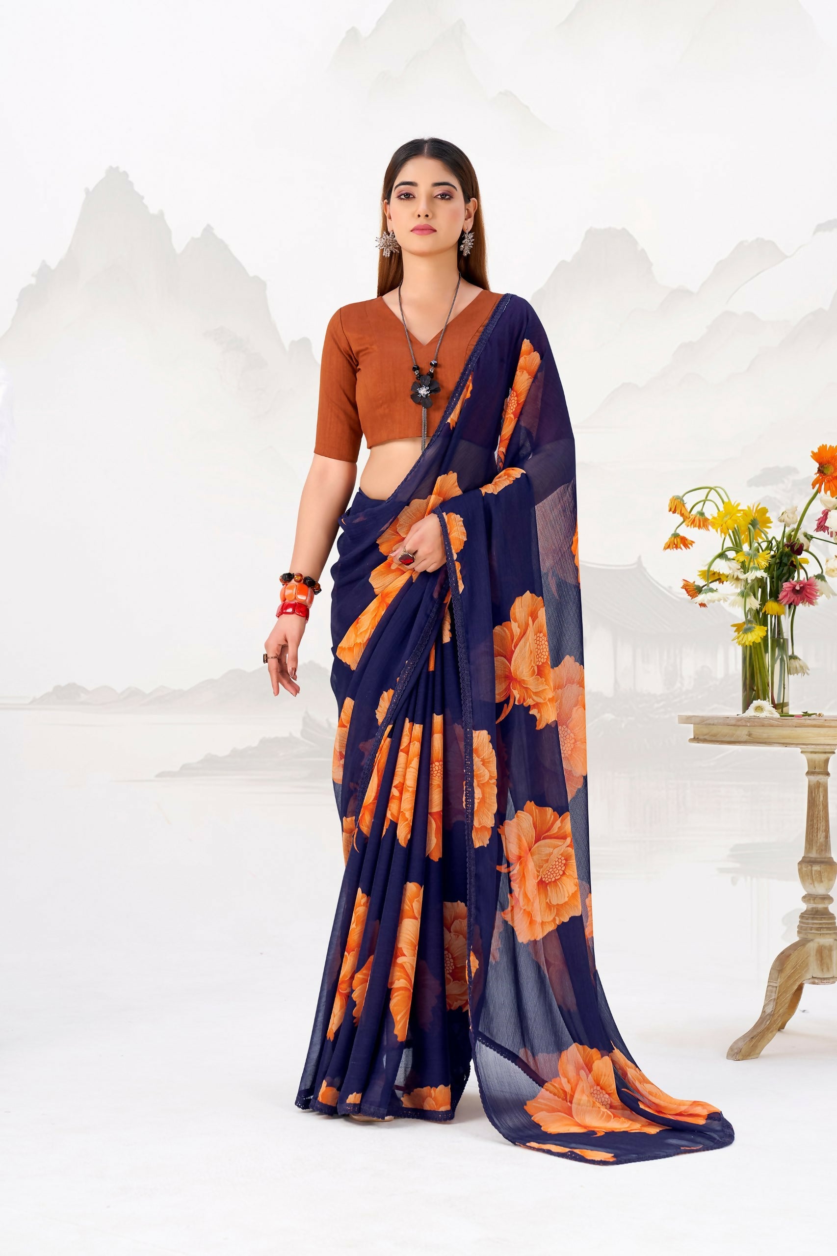 Vastranavya Navy Blue Floral Print with Lace Border work Chiffon Saree & Unstitched Blouse | Grocsy