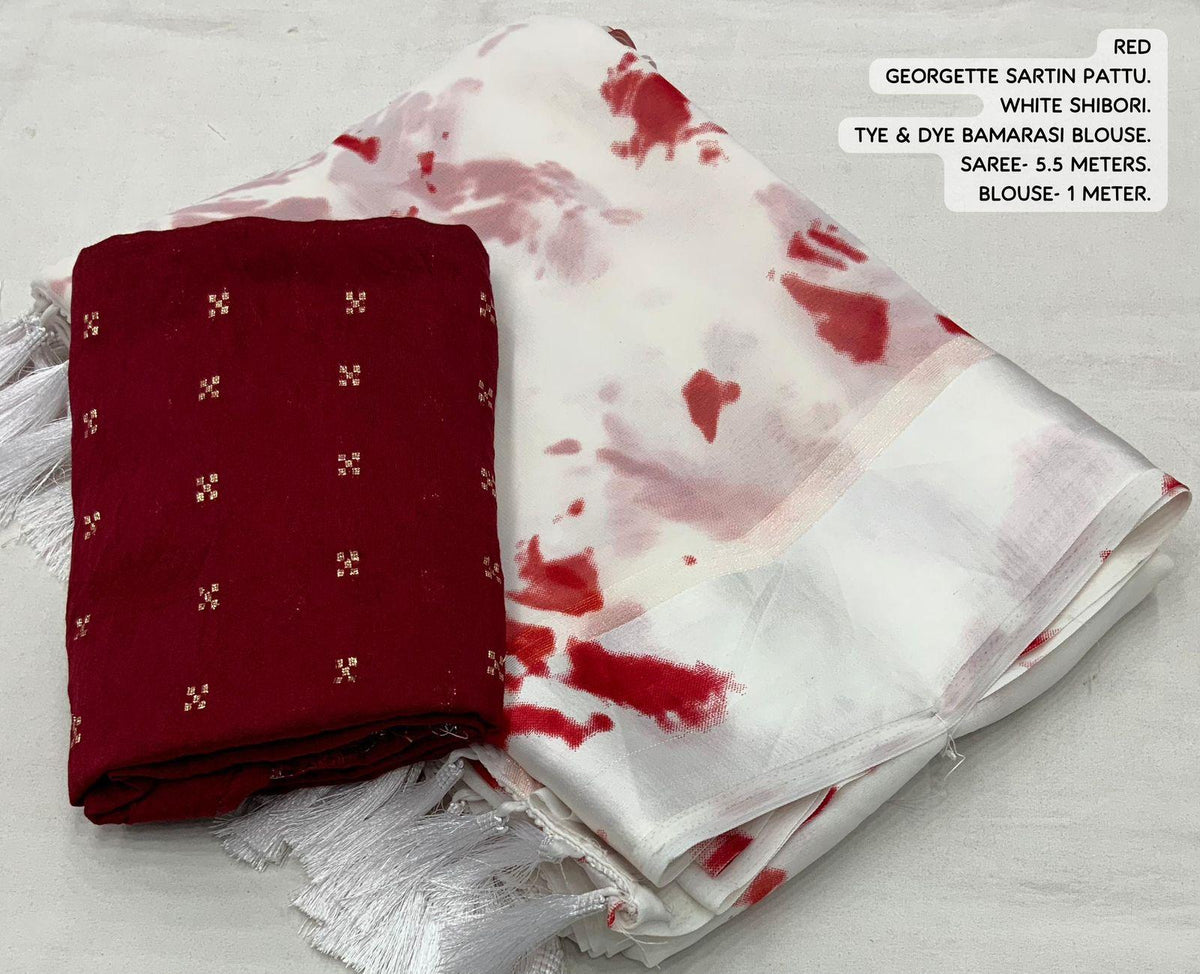 Red Poly Georgette Tie And Dye Saree with Unstitched Blouse - A2M | Grocsy