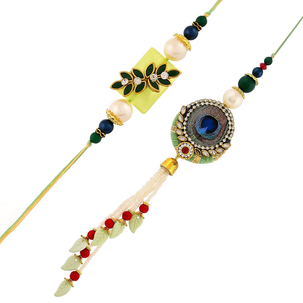 trueBrowns X Voylla Peacock Feathers And Beads Bhaiya Bhabhi Lumba Rakhi | Grocsy