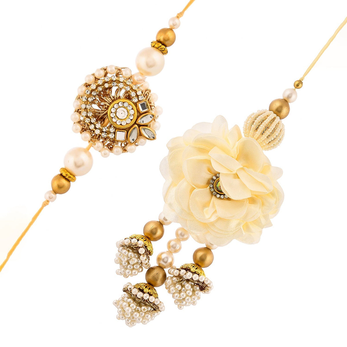 trueBrowns X Voylla White Pearls And Kundan Gems Bhaiya Bhabhi Lumba Rakhi | Grocsy