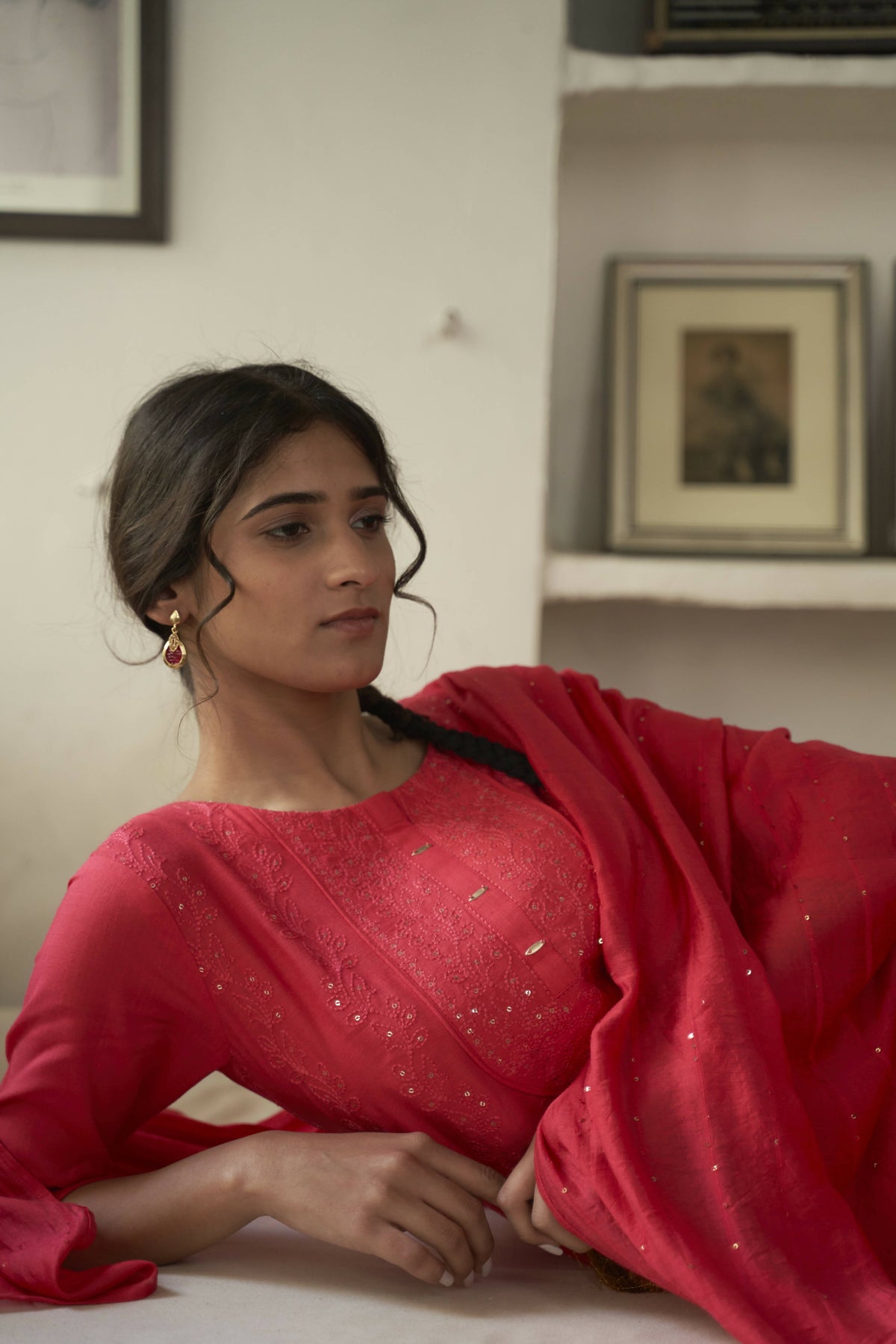 Red Rayon Sequence Embroidery work Straight kurta with Pant & Dupatta - Akashara | Grocsy