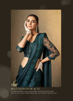 Teal Satin Silk Floral Embroidered with Swaroski Work Saree With Unstitched Blouse Piece - Norita Royal Erisha | Grocsy