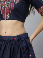 Navy Blue Cotton Embroidered Work Lehenga Choli with Dupatta - Jivika | Grocsy