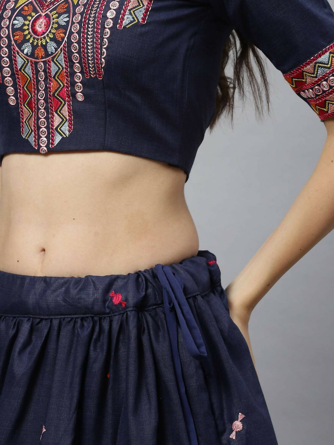 Navy Blue Cotton Embroidered Work Lehenga Choli with Dupatta - Jivika | Grocsy